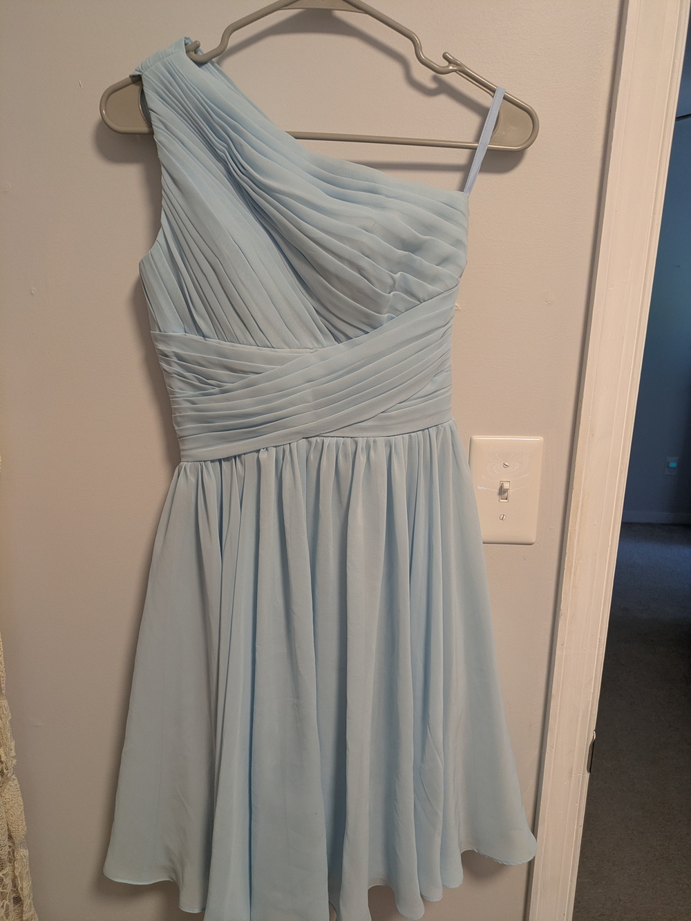 One-Shoulder Light Blue Cocktail Dress Asymmetrical Ruche A-Line Midi *FLAW*